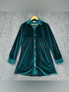 La Miel Green Velvet Button Down Collar Mini Shirt Dress Women’s S Whimsigoth
